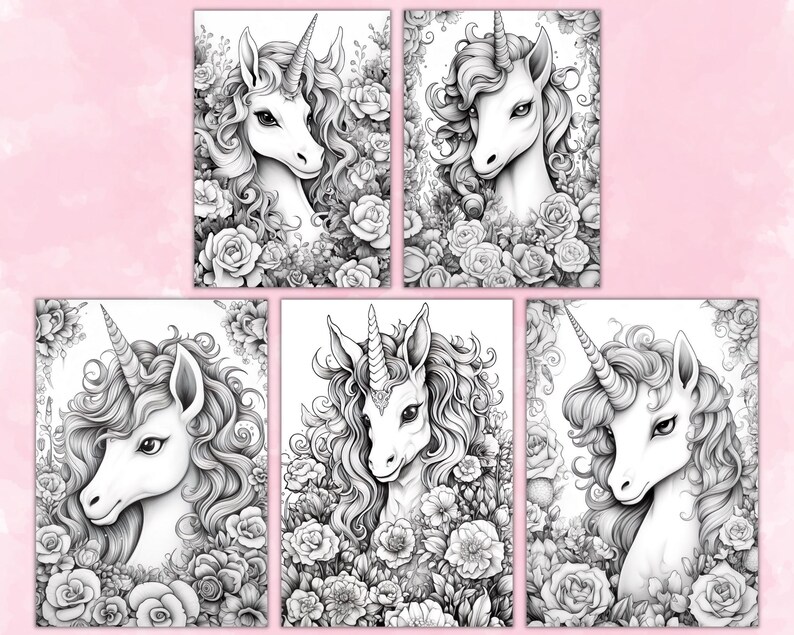 Unicorns & Flowers Coloring Pages, Unicorn Coloring Pages, Grayscale Coloring Page, Fantasy Coloring Pages, Coloring Sheets, Printable PDF