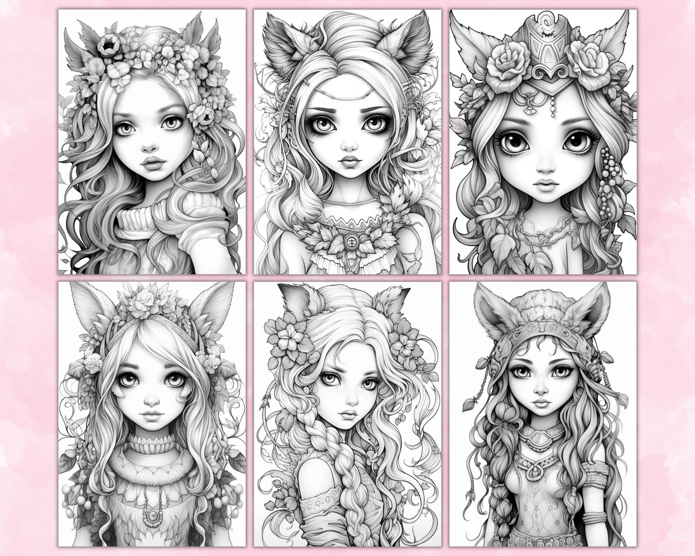 Cute Druid Girls Coloring Pages for Adults, Grayscale Coloring Pages ...