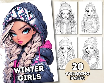 Winter Girls Coloring Pages For Adults and Teens, Grayscale Coloring Pages, Fantasy Anime Coloring Book, Printable PDF, Digital Download