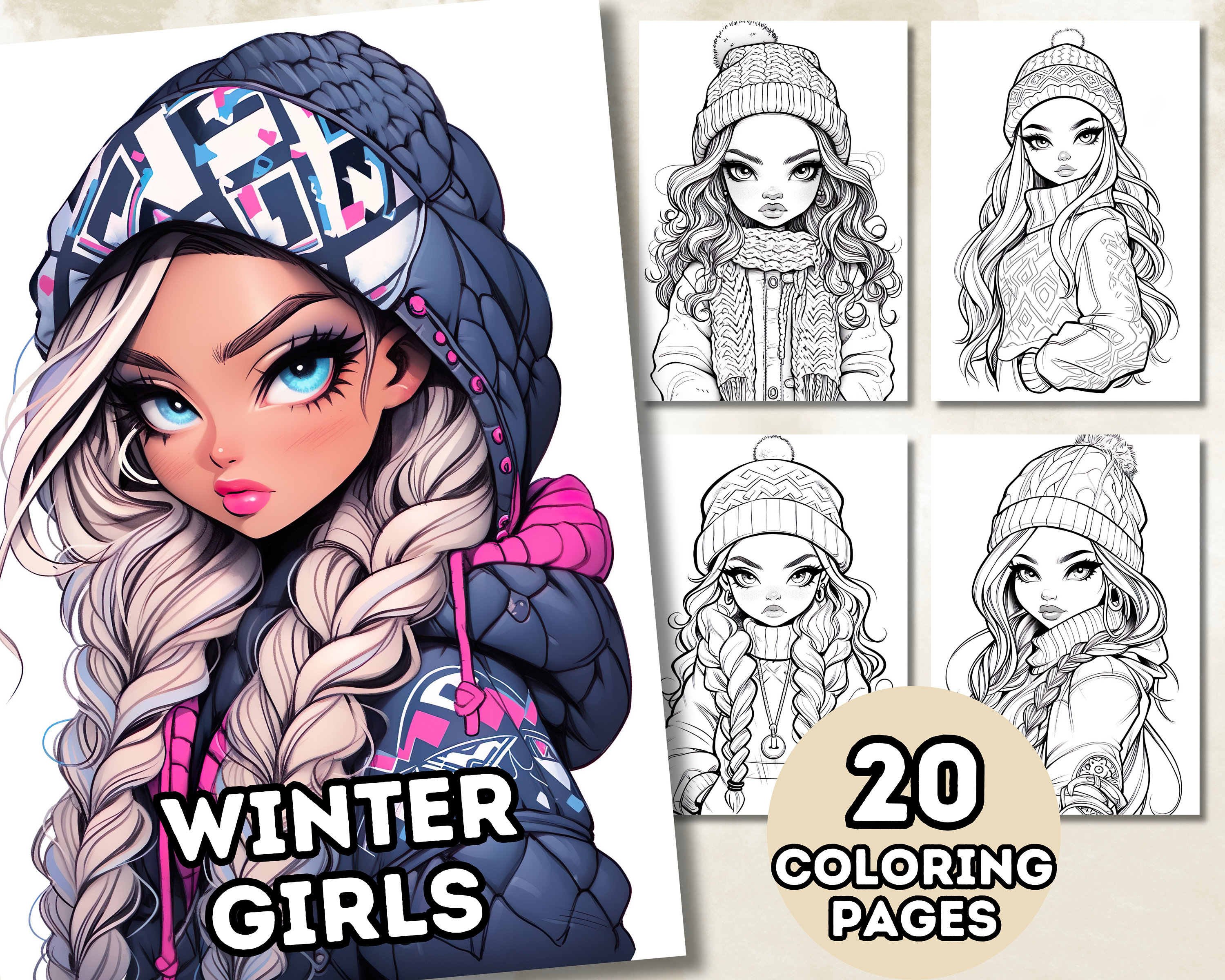 Winter Girls Coloring Pages for Adults and Teens, Grayscale Coloring ...