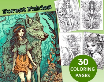 Páginas para colorear de hadas del bosque, Página para colorear de hadas, Página para colorear en escala de grises, Coloración de fantasía, Anime, PDF imprimible, Hoja para colorear