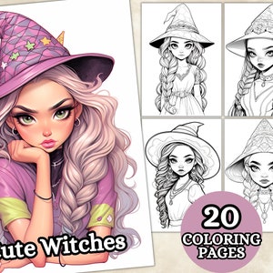 Cute Anime Witches Coloring Pages For Adults, Grayscale Coloring Pages, Halloween Coloring Pages, Fantasy Anime Coloring Book, Printable PDF Active