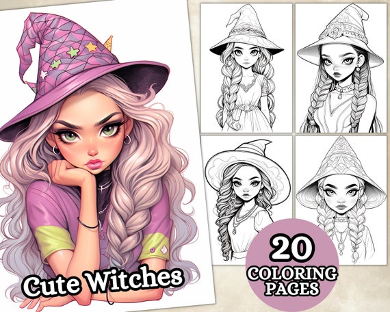 Cute Anime Witches Coloring Pages For Adults, Grayscale Coloring Pages, Halloween Coloring Pages, Fantasy Anime Coloring Book, Printable PDF