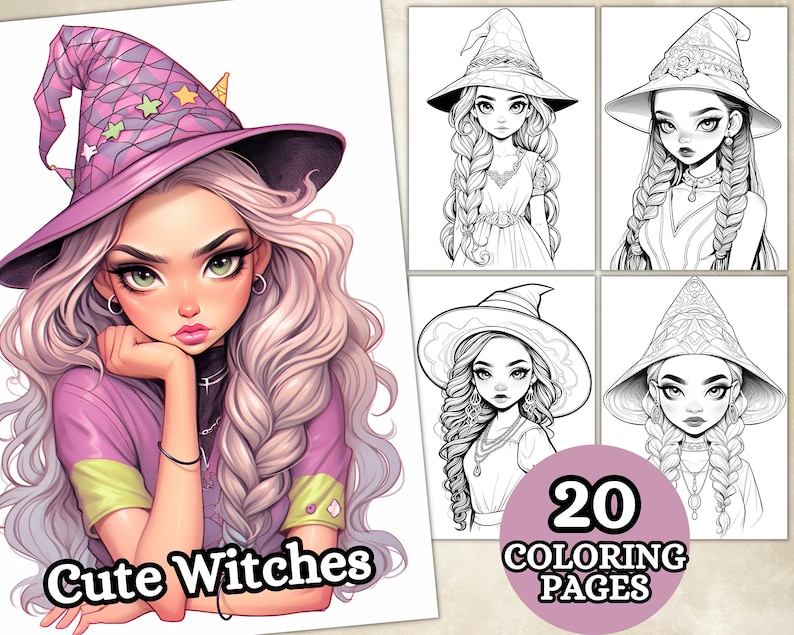 Cute Anime Witches Coloring Pages For Adults, Grayscale Coloring Pages, Halloween Coloring Pages, Fantasy Anime Coloring Book, Printable PDF Active