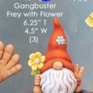 May include: A red and white gnome figurine holding a yellow flower. The gnome is wearing a red hat with a white flower on it. The gnome is 6.25 inches tall and 4.5 inches wide. The figurine is labeled "Gangbuster Frey with Flower" and "4059".