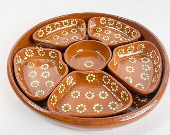 Hand painted original designed salsa dish with spoon Mexican one of a kind pottery with shawl and leather handle tote