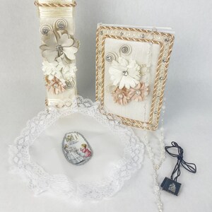 Conjunto de velas de primeira comunhão de 5 peças, conjunto de velas de primeira comunhão com Bíblia espanhola completa, marfim, branco, conjunto de primeira comunhão para meninas