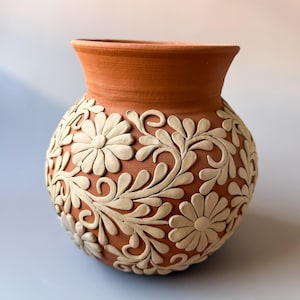 Atzompa Vase 8 Inch Clay Embroidery Vase Florero De Barro de Atzompa Oaxaca