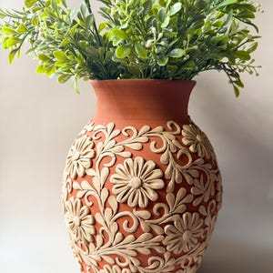 Atzompa Vase 12 Inch Clay Embroidery Tall Vase Florero Tumbor De Barro de Atzompa Oaxaca