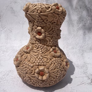 Atzompa Vase 9 Inch Clay Embroidery Vase Florero De Barro de Atzompa Oaxaca