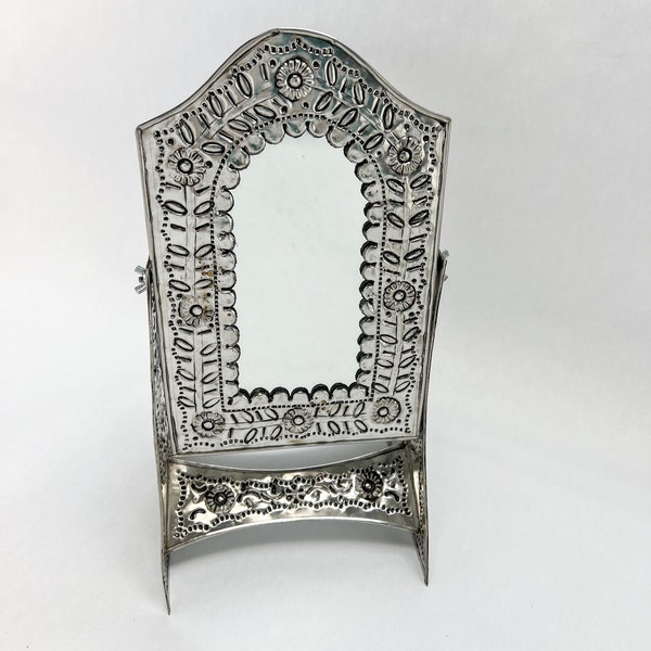 Mexican Tin Punched 15 Inch Mexican Mirror Swing Mirror Silver Espejo De Lamina Gift For Her