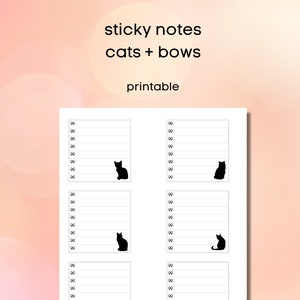 May include: Printable sticky notes featuring black cat silhouettes with bows. The notes have lined sections for writing and are perfect for planners or journals.
