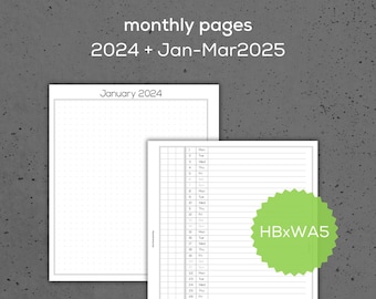 monthly pages - HBxWA5 - 2024 + Jan-Mar25 - printable planner inserts