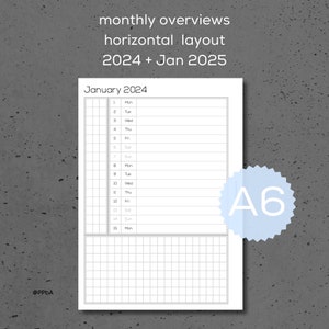 monthly overviews A6 2024 Jan 2025 horizontal layout printable planner inserts image 1