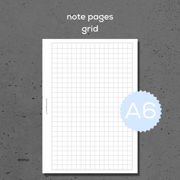 grid note pages - A6 - various grid sizes - 3.8/4/4.5/5 mm - printable planner pages