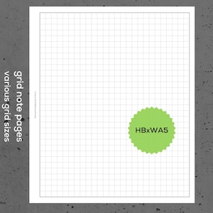 May include: A white grid note page with a green circular sticker that reads "HBxWA5". The text "grid note pages various grid sizes" is on the left side of the page. The background is a gray textured surface.
