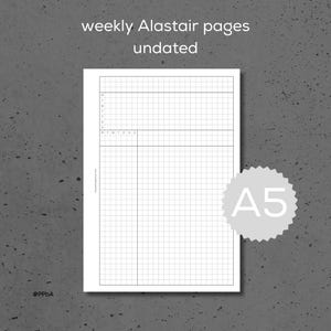 May include: A blank weekly planner page in A5 size with a grid layout. The page is divided into sections for each day of the week, with space for notes and tasks. The page is labelled "weekly Alistair pages undated".