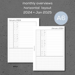 monthly overviews A6 2024 Jan 2025 horizontal layout printable planner inserts image 2