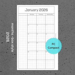 monthly pages 2026- box style - FC Compact - printable planner inserts