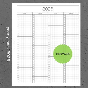 yearly index months - HBxWA5 - 2026 - printable planner inserts