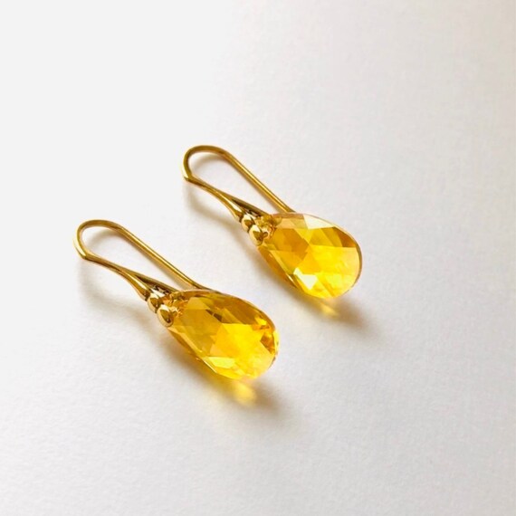 Swarovski Crystal Topaz Colour Teardrop Earrings Gold Vermeil