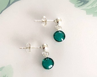 Sterling Silver Emerald Small Stud Drop Earrings/Green Dainty Dangle Stud/May Birthday Gift/Little Girls Earrings/May Birthstone
