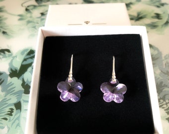 Swarovski Crystal Flower Earrings Sterling Silver/Violet Flower Drop Earrings/Lilac Dangle Earrings/Bridesmaid Gift/Birthday Gift for Mum