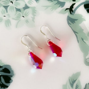 Swarovski Crystal Teardrop Earrings/Siam Earrings/Dainty Red Crystal Earrings Sterling Silver/Red Valentines Day Gift /Birthday Gift For Mum