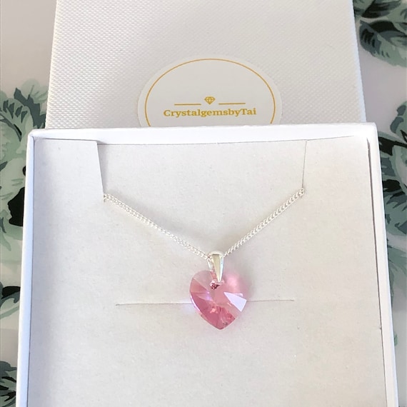Pink Fuchsia Crystal Heart Necklace Sterling Silver Pink Fuchsia Crystal Heart Necklace Sterling Silver