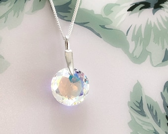 Swarovski Crystal AB Necklace Sterling Silver/Aurora Borealis Jewelry/Rainbow Crystal Necklace/Statement Pendant/Special Gift for Mum