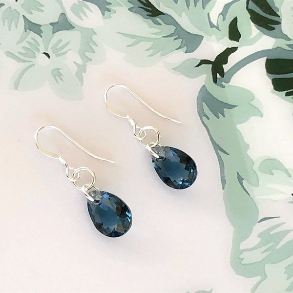 Swarovski Navy Blue Crystal Teardrop Earrings/Sterling Silver Montana Blue Earrings/Classy Dangle Earrings/Dainty Blue Bridesmaid Earrings