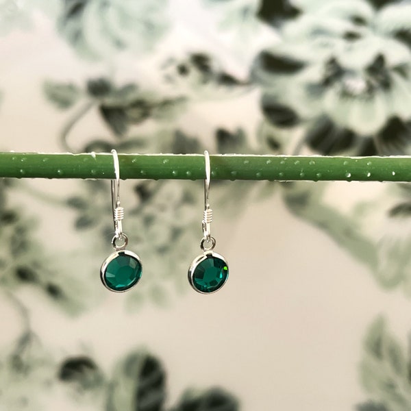 Dainty Swarovski Emerald Charm Birthstone Earrings Sterling Silver/May Birthstone Earrings/May Birthday Gift/Cute Bridesmaid Gifts