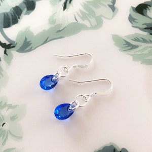Sapphire Blue Swarovski Crystal Teardrop Earrings, Sterling Silver, September Birthstone