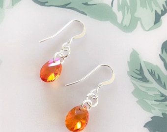 Burnt Orange Crystal Earrings Sterling Silver, Swarovski Dainty Dangle Pear Cut Earrings, Orange Bridesmaid Earrings, Friend Birthday Gift