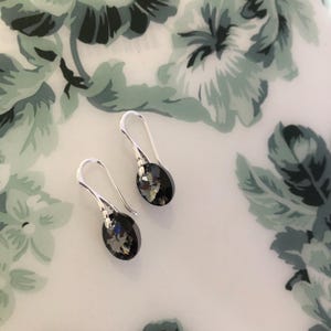 Dainty Black Crystal Dangle Earrings: Sterling Silver Oval Drop