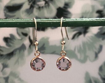 Dainty Amethyst Crystal Earrings: 14K Gold Filled, June Birthstone