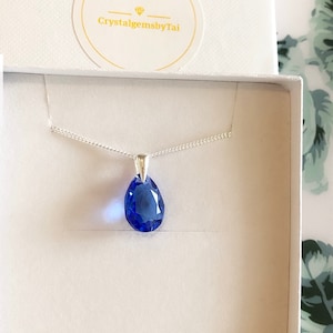 Blue Sapphire Swarovski Crystal Teardrop Necklace - Sterling Silver