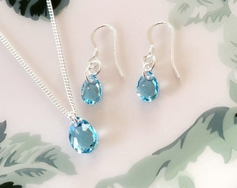 Swarovski Jewellery Set, Blue Aquamarine Necklace and Earrings Sterling Silver, Blue Bridal Bridesmaid Jewelry Set, Special Mothers Day Gift