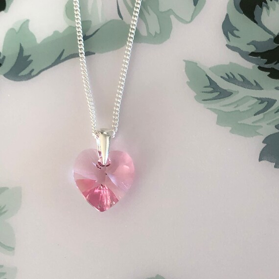 Pink Fuchsia Crystal Heart Necklace Sterling Silver Pink Fuchsia Crystal Heart Necklace Sterling Silver