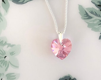 Swarovski Crystal Heart Pendant Necklace: Light Rose Aurora Borealis, Sterling Silver
