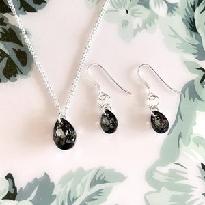 Swarovski Jewellery Set, Black Crystal Teardrop Necklace and Earrings Sterling Silver, Silver Night Earrings, Jewelry Set Gift For Women