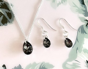 Swarovski Jewellery Set, Black Crystal Teardrop Necklace and Earrings Sterling Silver, Silver Night Earrings, Jewelry Set Gift For Women
