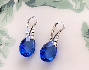 Swarovski Sapphire Blue Colour Earrings 925 Sterling Silver/Blue Bridal Lever back Earrings Pear Cut/Birthday Gift/Special Gift For Mum