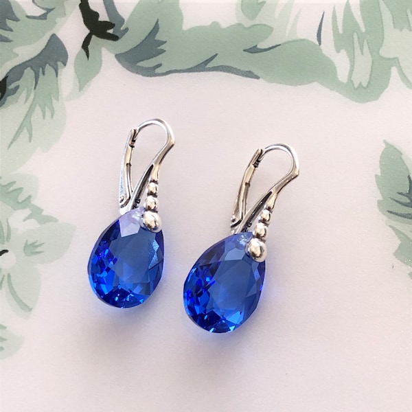 Swarovski Sapphire Blue Colour Earrings 925 Sterling Silver/Blue Bridal Lever back Earrings Pear Cut/Birthday Gift/Special Gift For Mum