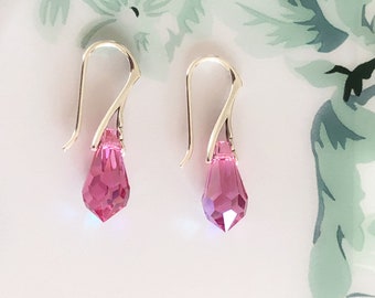 Swarovski Pink Teardrop Earrings Sterling Silver/Rose Pink Crystal Dangle Earrings/Rose AB Drop Earrings/Bridesmaid Earrings/Gift for Mum