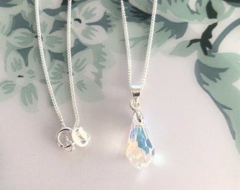 Dainty Swarovski Teardrop AB Crystal Pendant Necklace Sterling Silver, Aurora Borealis Necklace, 18th Birthday Gift, Bridesmaid Necklace