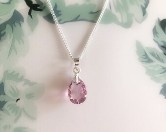 Swarovski Crystal Teardrop Pendant Necklace: Sterling Silver, Light Amethyst, June Birthstone