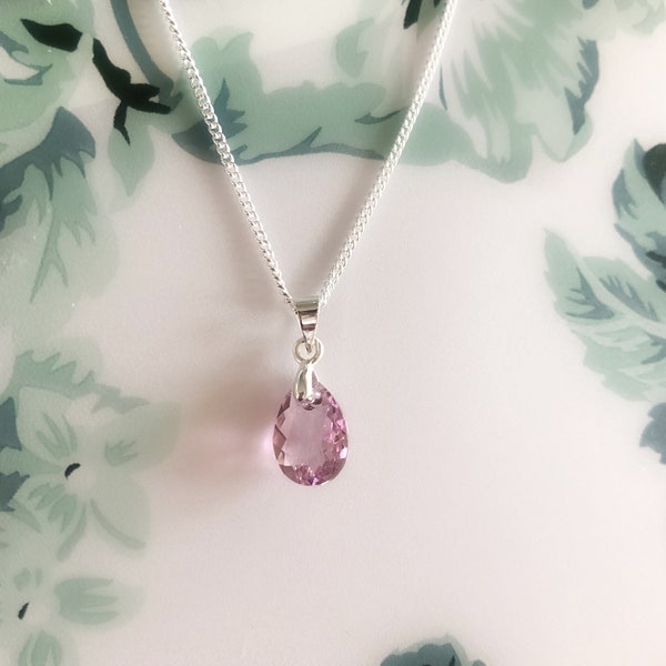 Swarovski Crystal Light Amethyst Pink Dainty Pendant Necklace/Sterling Silver Light Pink Teardrop Necklace/June Birthstone/Birthday Gift