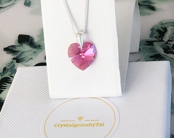 Swarovski Crystal Heart Pendant Necklace: Rose Pink AB, Sterling Silver