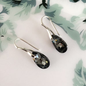 Swarovski Black Crystal Dangle Earrings Sterling Silver/Elegant Teardrop Statement Black Earrings/Birthday Gift For Mum